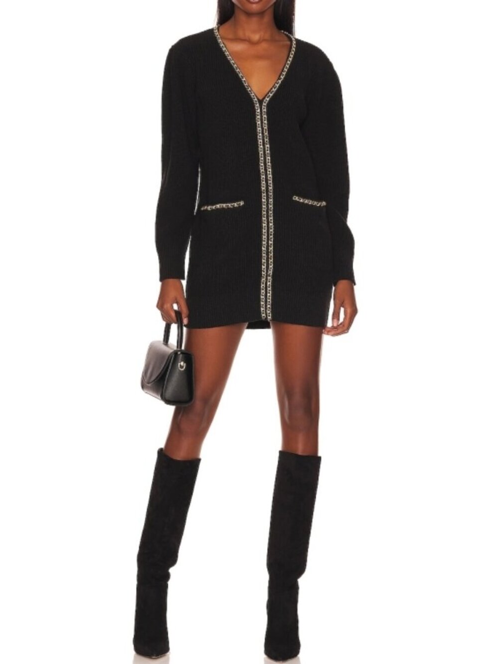 Lovers Friends Norina Cardigan Dress Black Chains Knit Edgy Chunky Sweater Mini